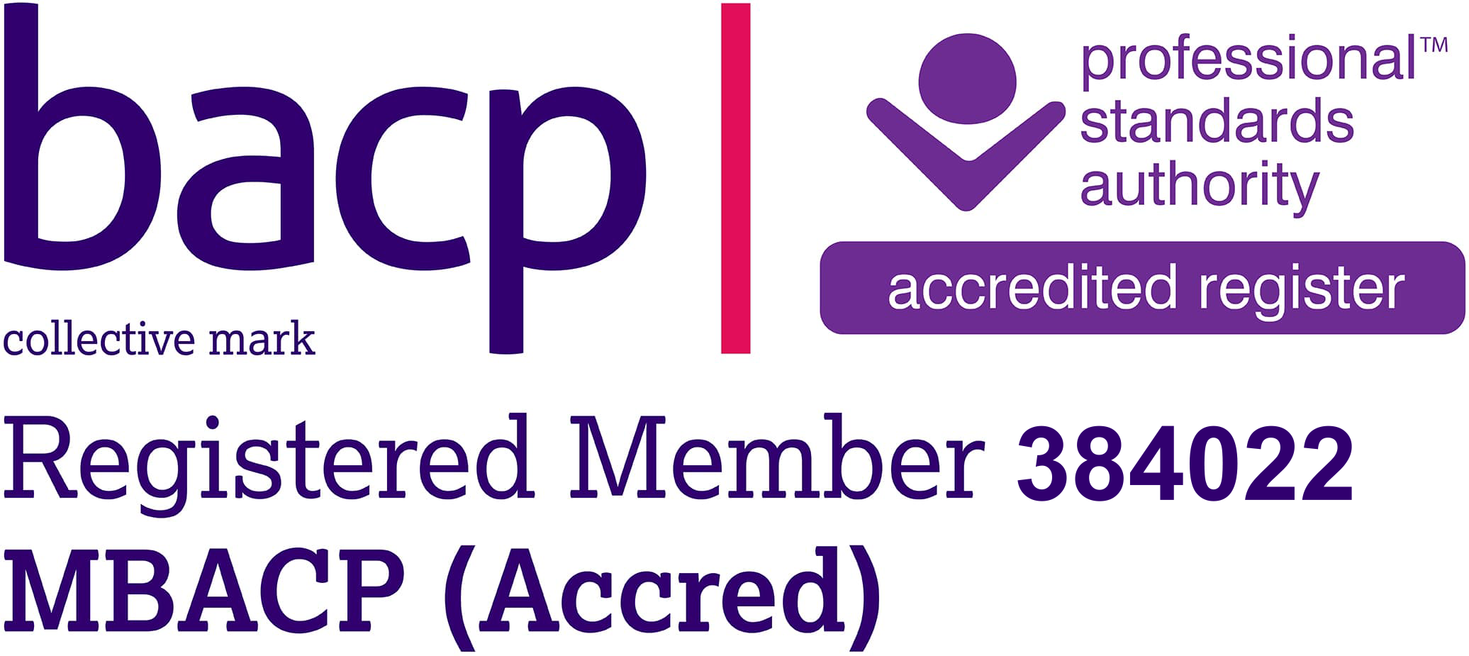 BACP logo. Registered Member 384022, MBACP (Accred). Professional standards authority accredited register.